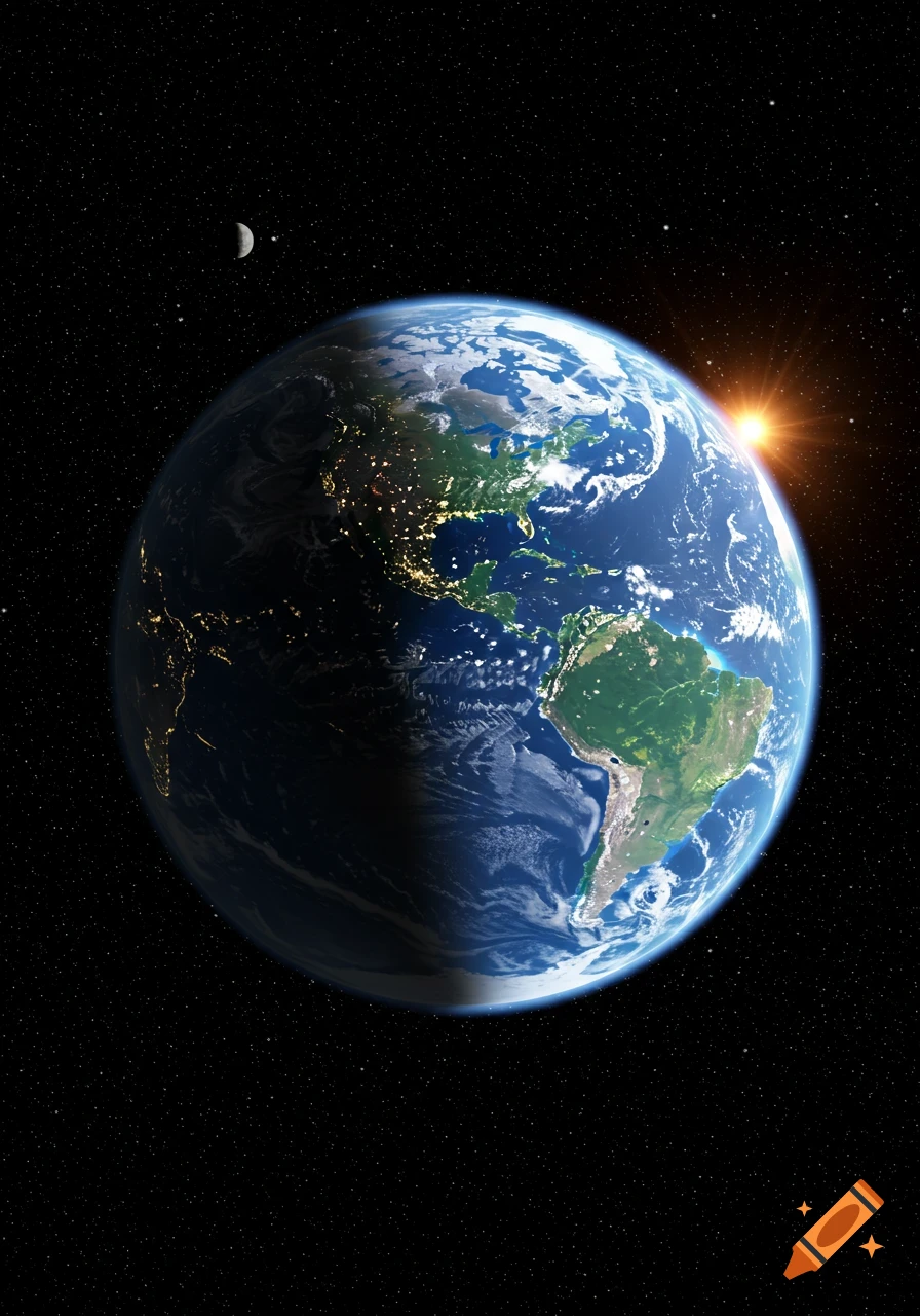 Earth from space at sunrise, with city lights on the night side and the moon visible against a starry background.