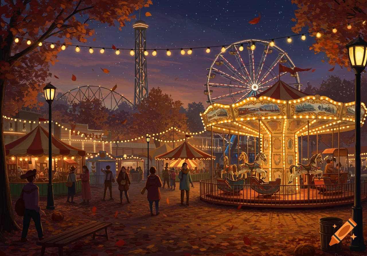 A lively, illuminated fun park scene at autumn night, featuring a carousel, Ferris wheel, and people walking on a leaf-covered path.