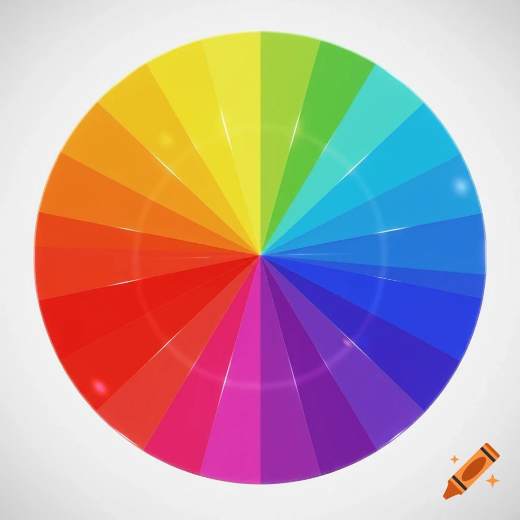 A vibrant, glossy rainbow color wheel with numerous segments, set against a clean white background.