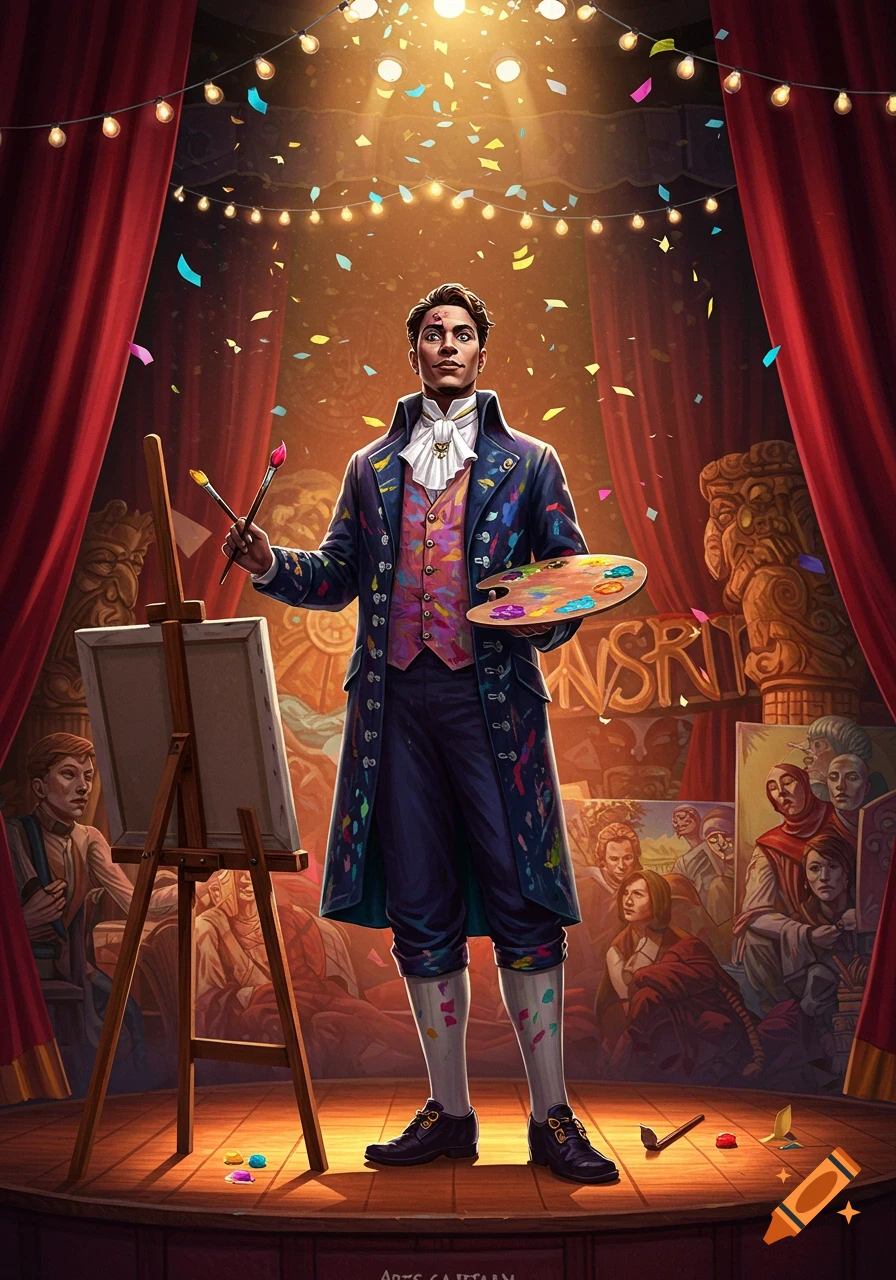 A flamboyant artist in a paint-splattered coat stands on a stage with an easel and palette, confetti falling around him.