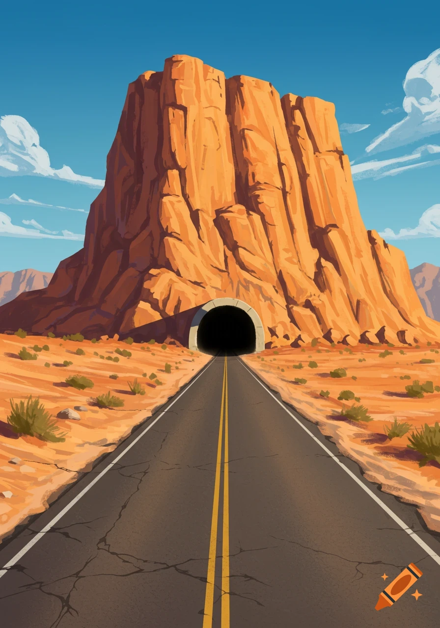 Illustrated desert landscape with a straight road leading into a tunnel within a vast orange mountain under a blue sky.