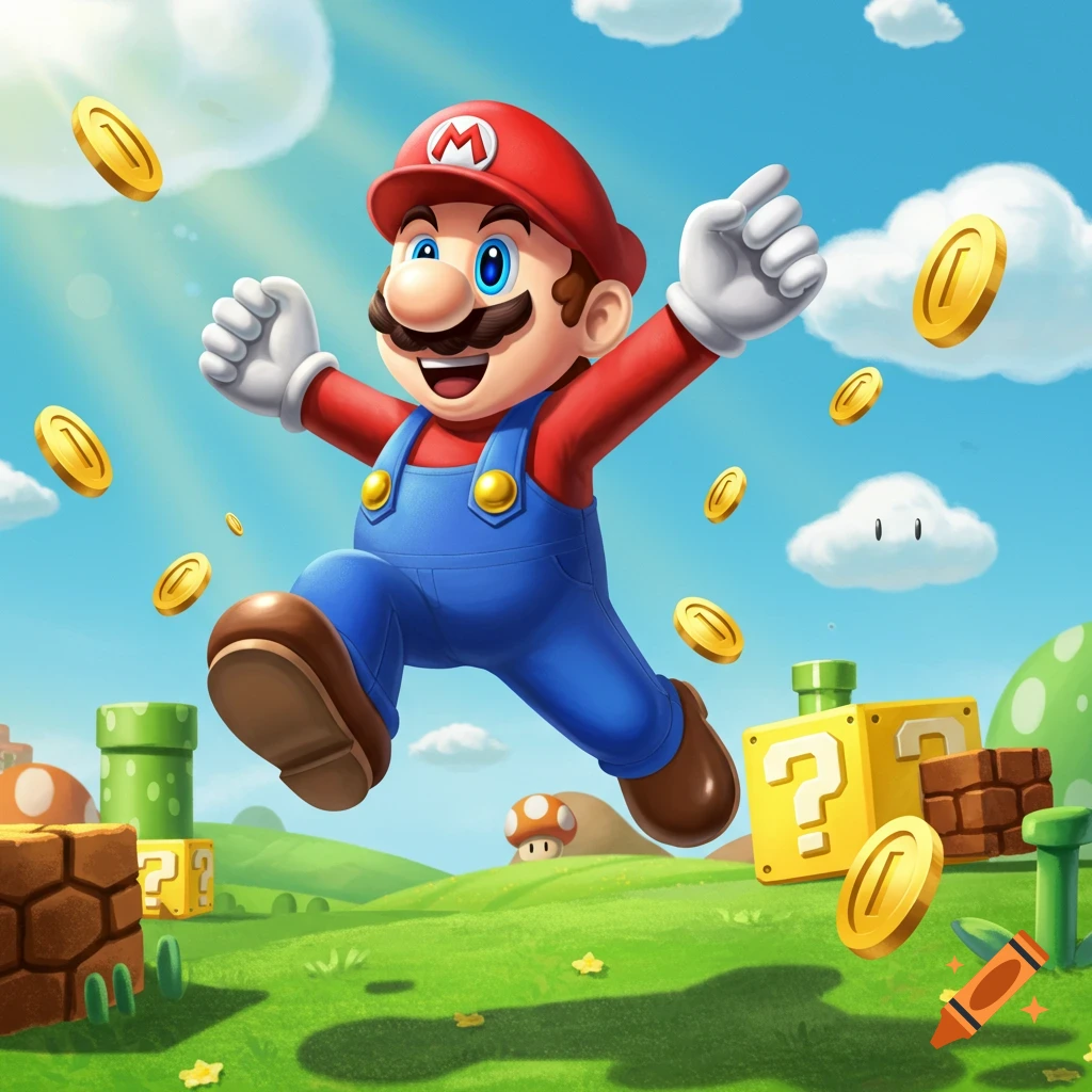 Mario jumps through a vibrant green landscape with question mark blocks, pipes, and floating coins under a bright blue sky.