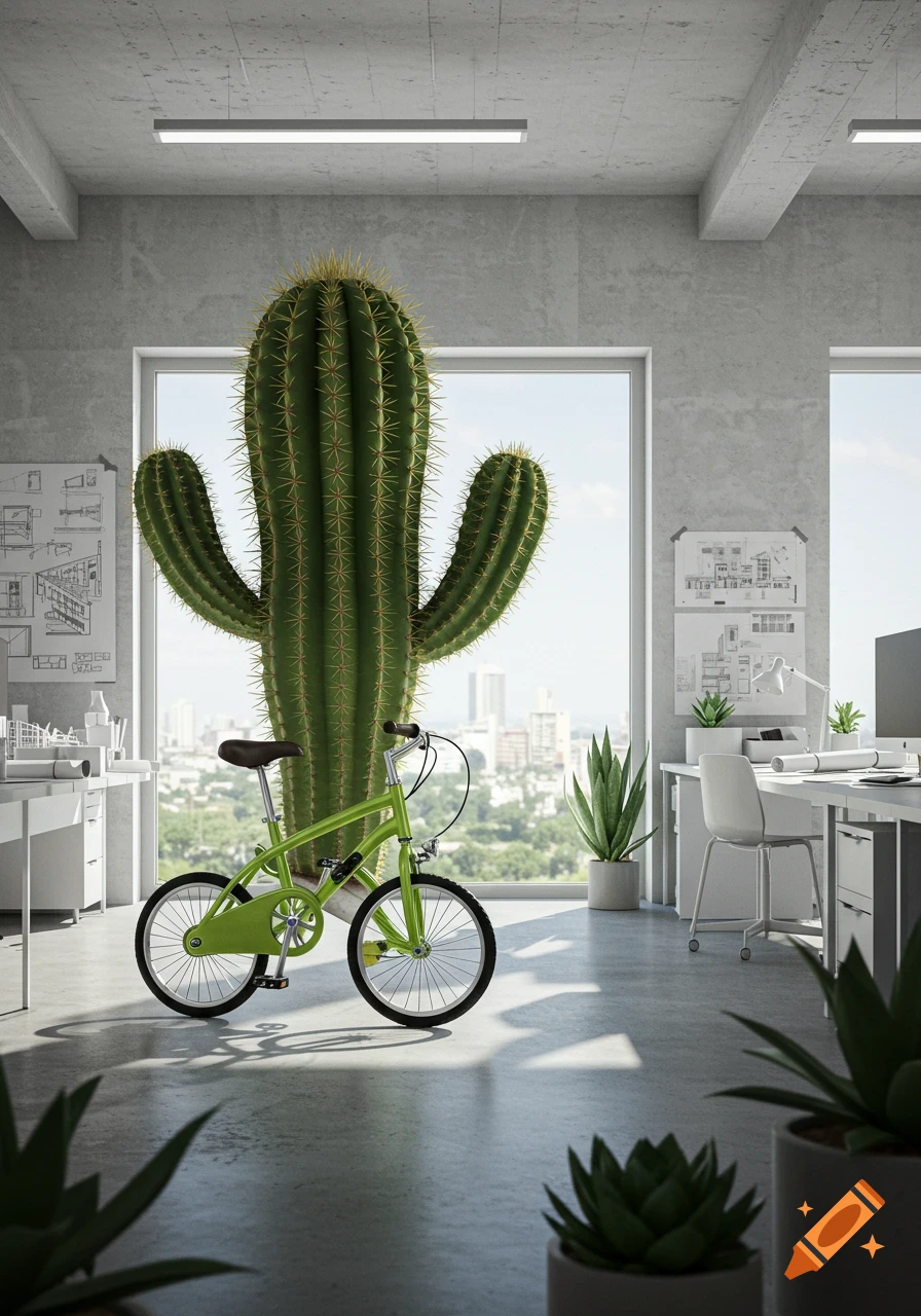 A large, green saguaro cactus stands prominently in a bright, modern architecture office, with a light green bicycle parked in front of it.