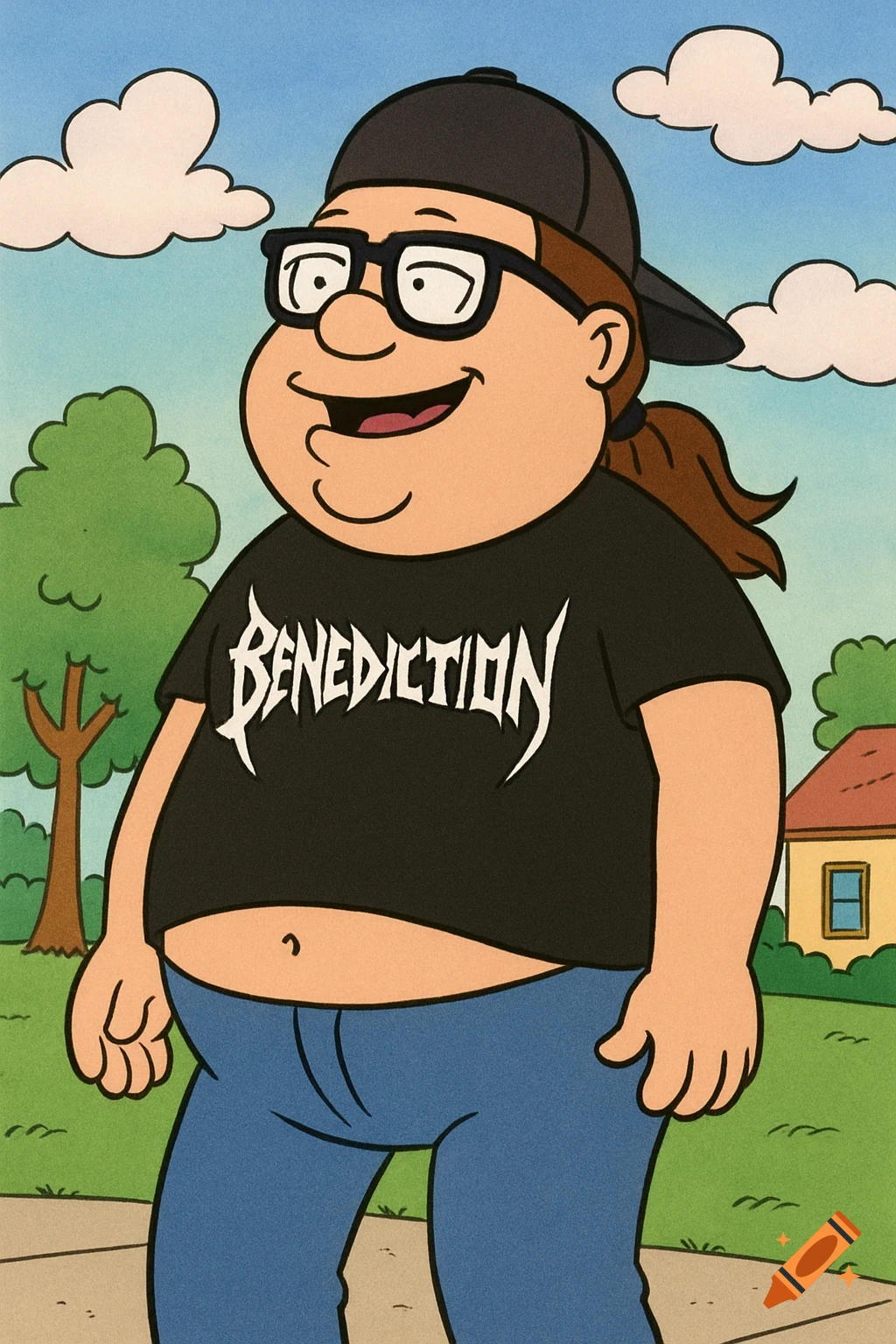 A chubby male cartoon character with thick glasses and a ponytail, wearing a black baseball cap, a black t-shirt with 'BENEDICTION' on it, and blue jeans, standing outdoors.