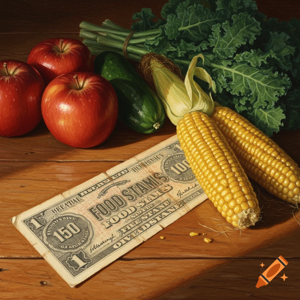A still life painting of fresh produce, including red apples, green cucumbers, yellow corn on the cob, and green kale, arranged around a vintage-style \