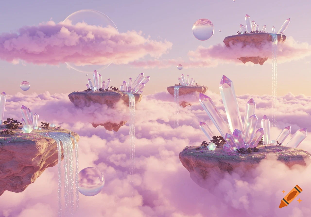 Dreamy landscape of pink clouds, floating islands with giant iridescent crystals, and sparkling waterfalls under a soft sky with spheres.