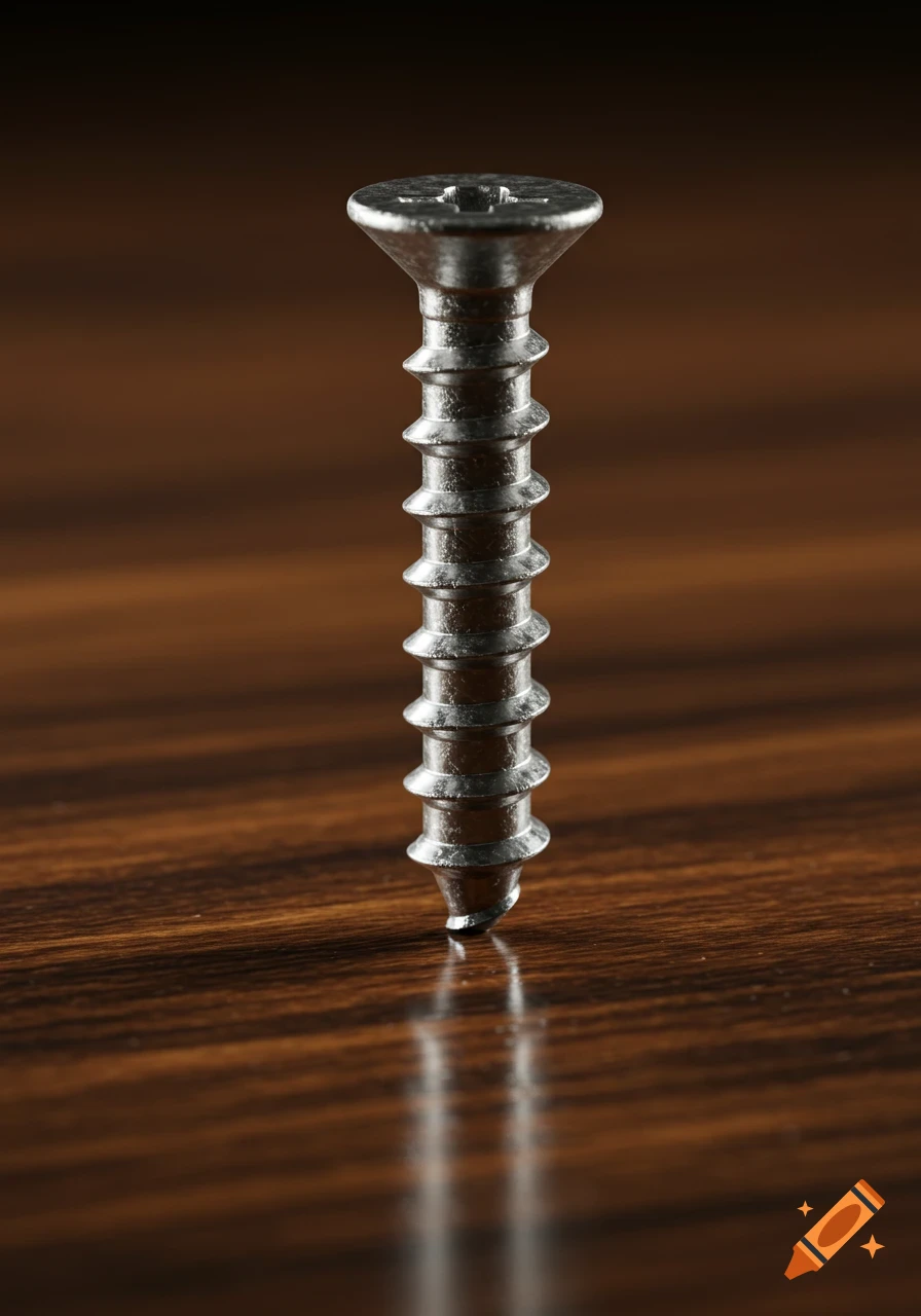 A close-up, photorealistic shot of a single metal screw standing upright on a reflective wooden surface.