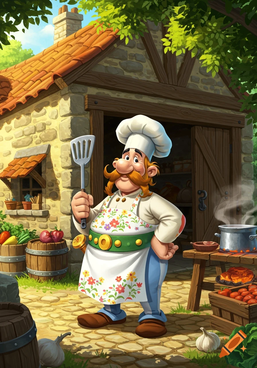 A smiling cartoon chef with a mustache and apron holds a spatula in front of a rustic stone house with vegetables and a cooking pot.