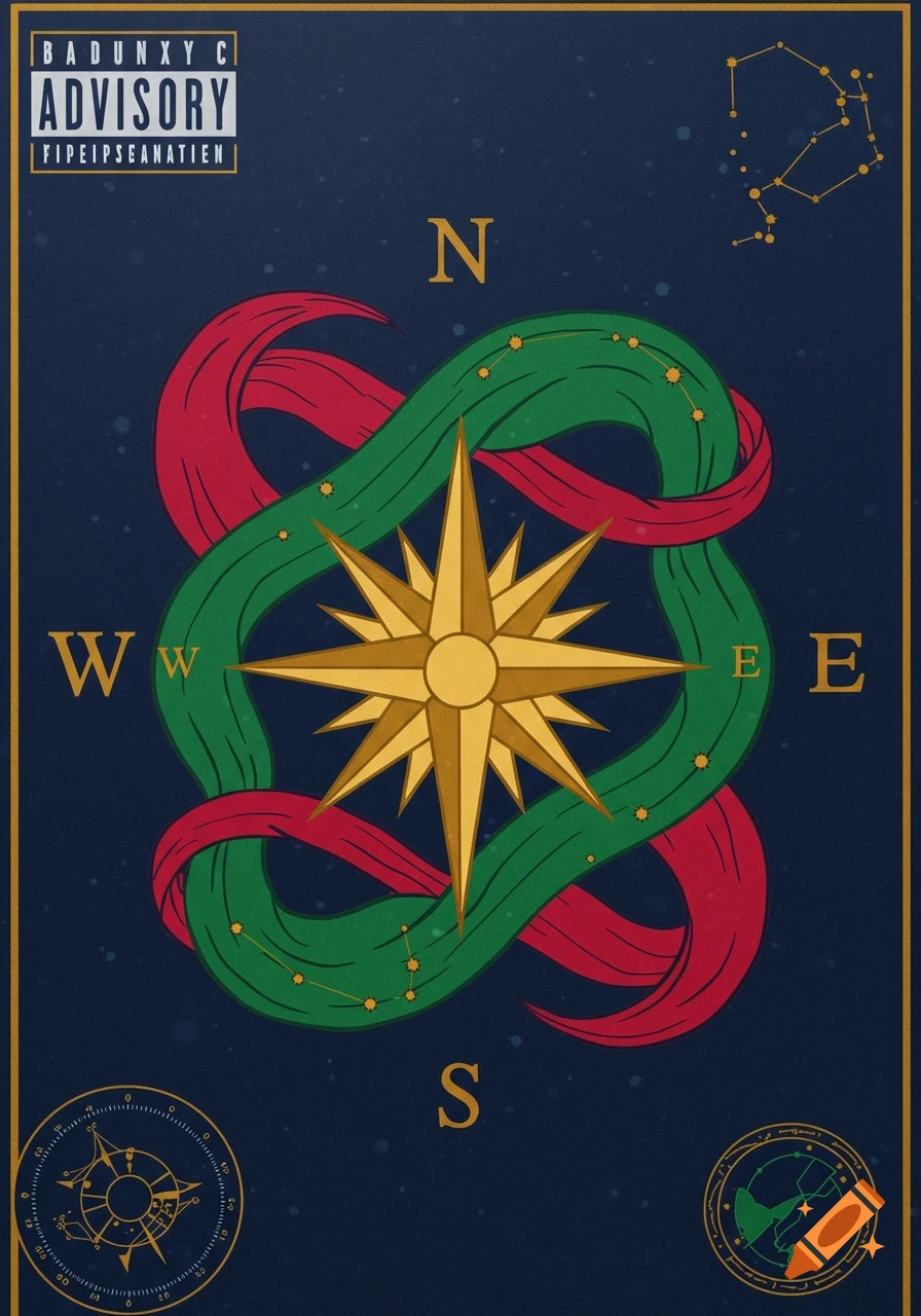 A stylized flag featuring a golden compass rose with N, W, E, S points, intertwined by red and green ribbons, against a dark blue background with small stars and constellations. An "ADVISORY" label is at the top left.