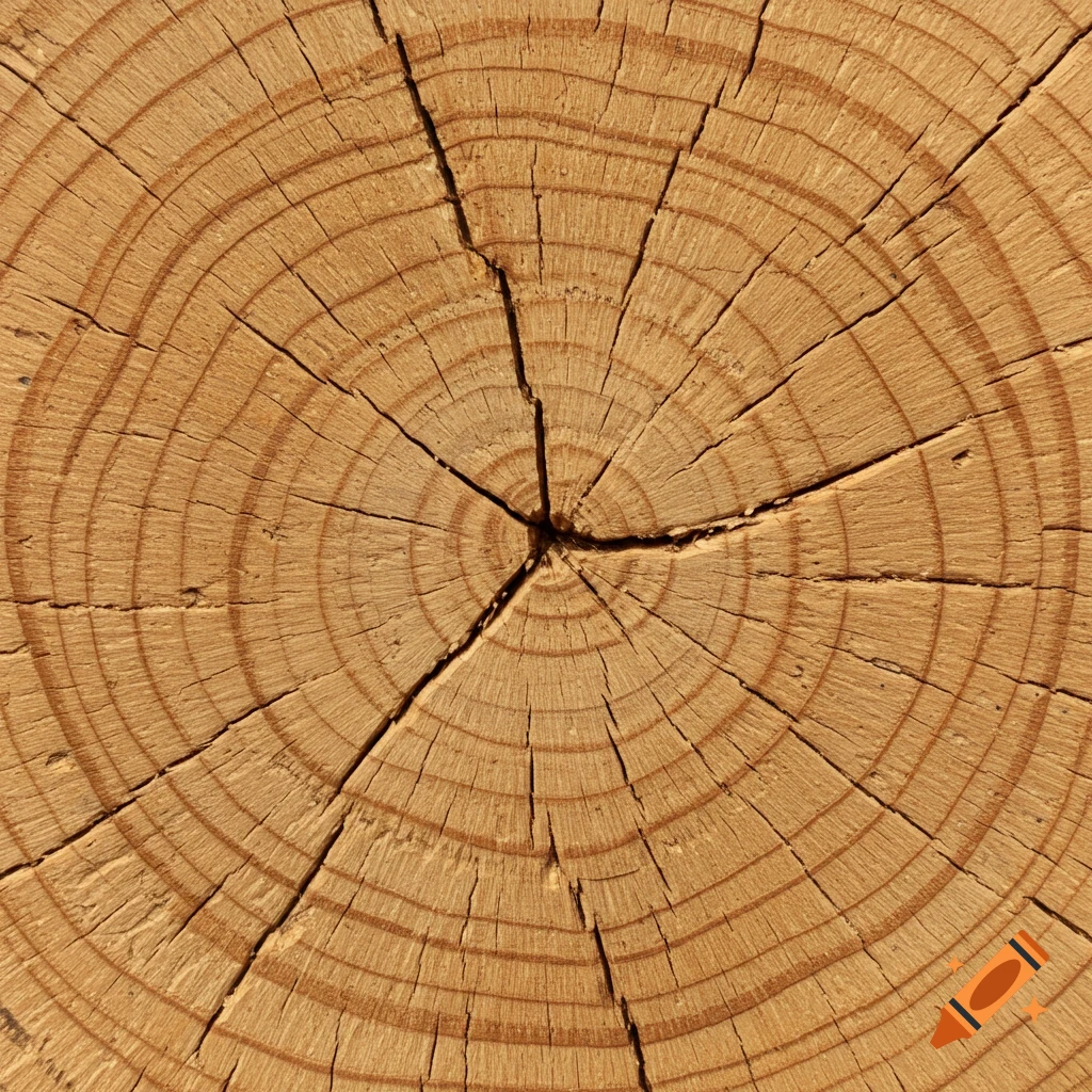 Close-up of a circular tree trunk cross-section showing detailed wood grain, growth rings, and cracks.