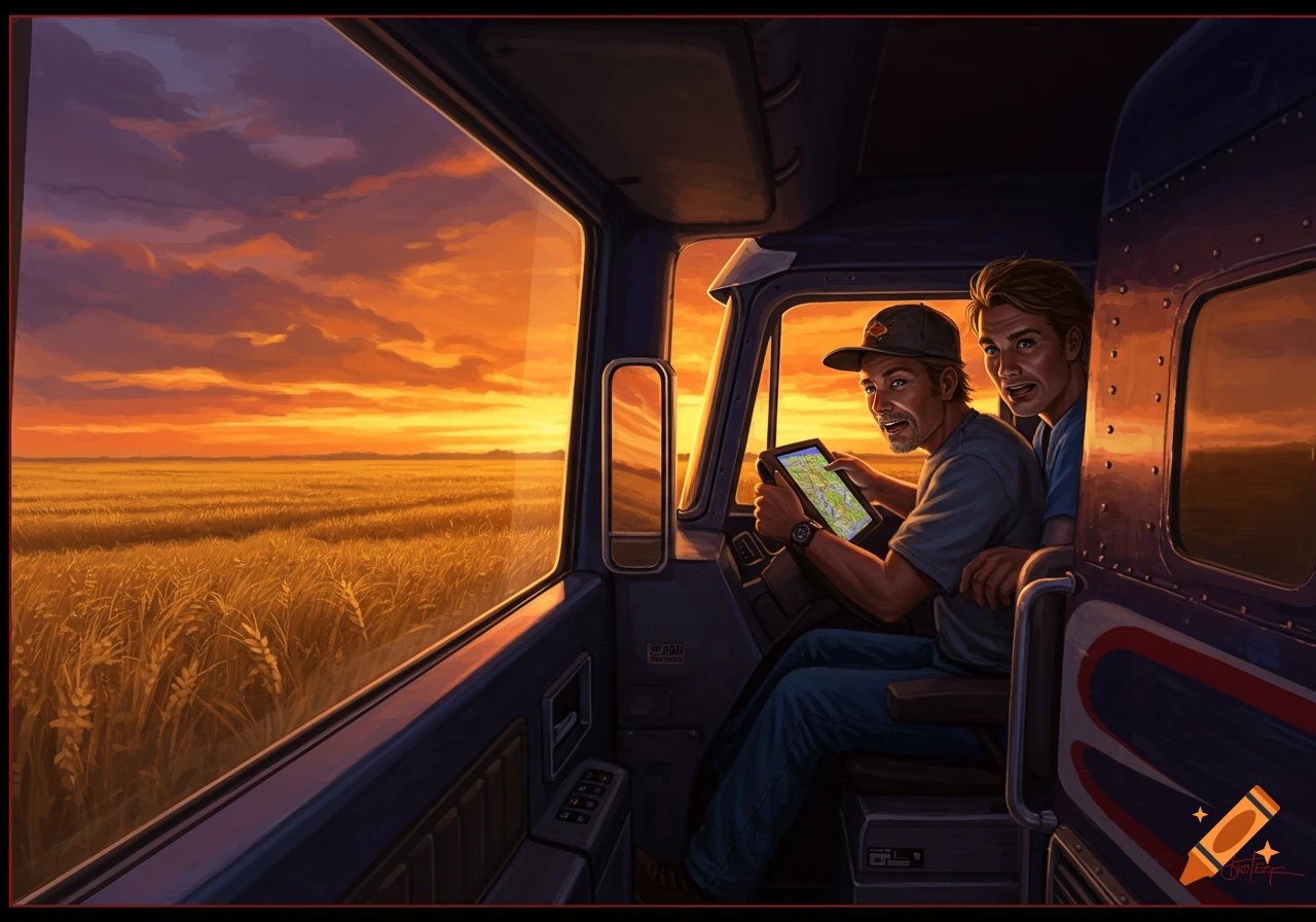 Illustration of two men in a truck cabin, one driving with a map tablet, looking out at a golden wheat field during sunset.