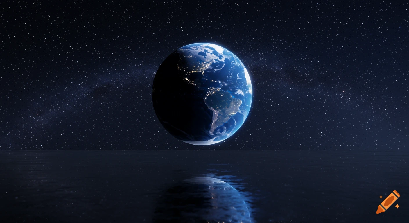 Photorealistic 3D render of Earth suspended over a reflective surface under a starry night sky with city lights glowing.