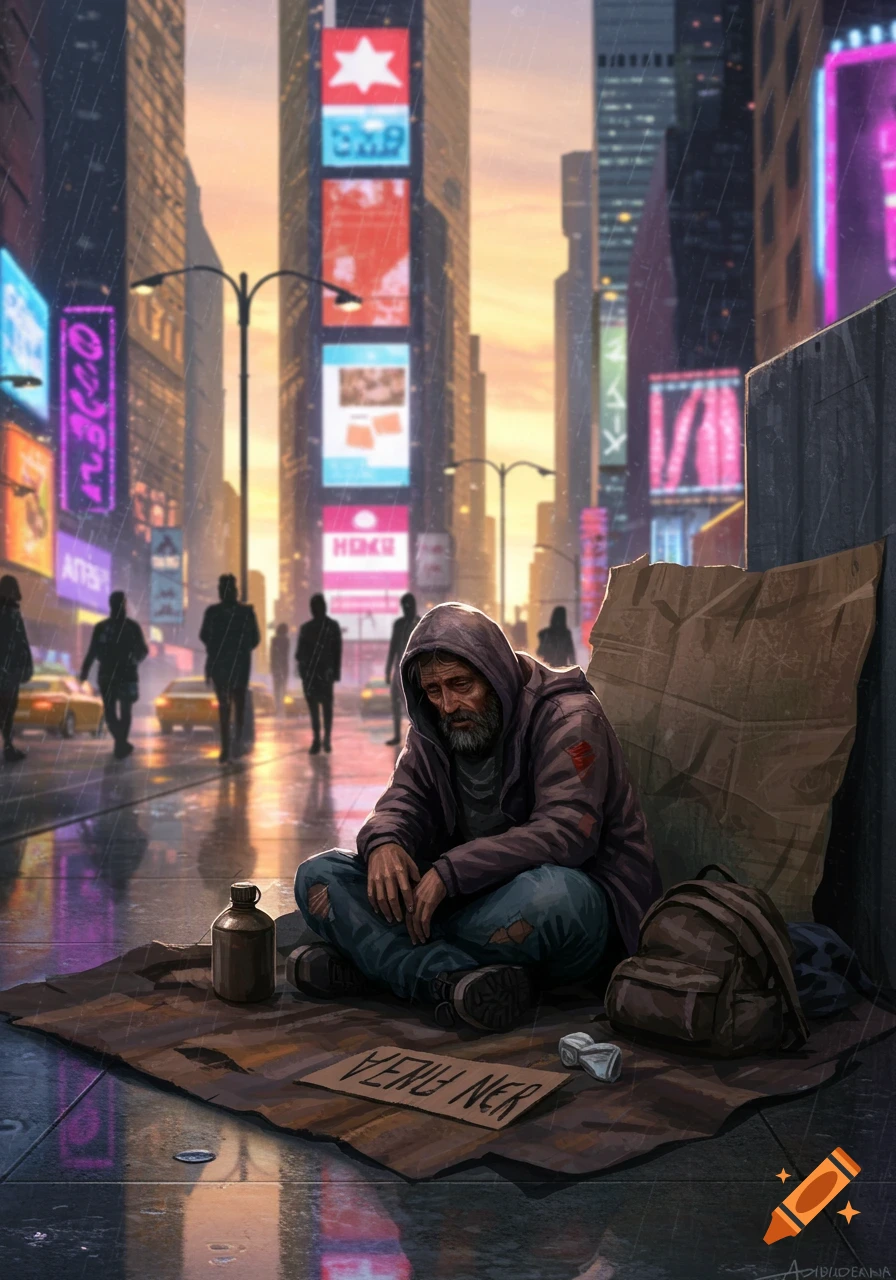 A somber, bearded man sits on cardboard in the rain on a busy city street with tall buildings and neon signs.
