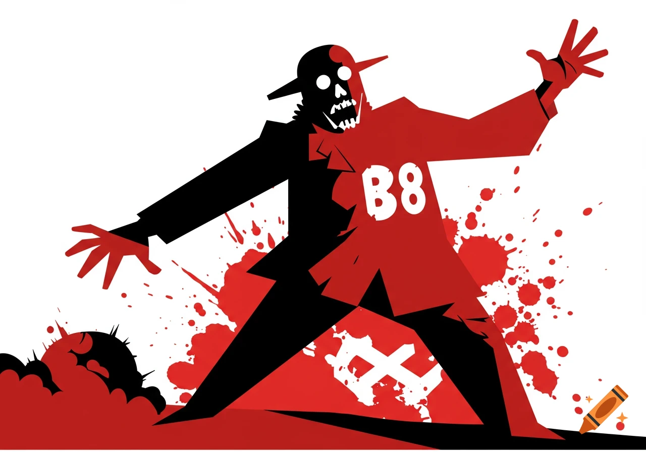 A minimalist graphic art illustration of a black and red zombie-like figure with a skull face and 'B8' on its chest, surrounded by red splatters.