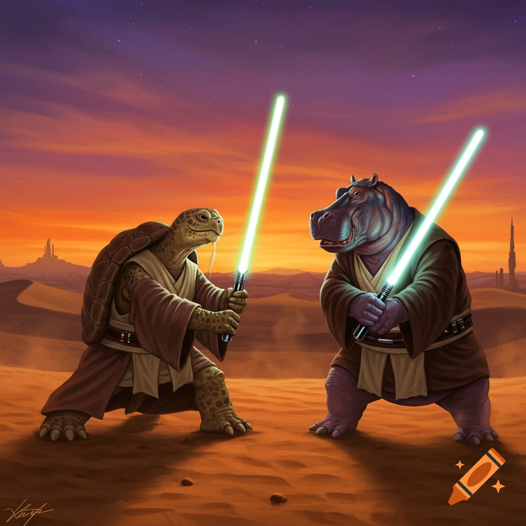 An anthropomorphic turtle and hippo, dressed as Jedi, duel with glowing lightsabers in a desert at sunset.