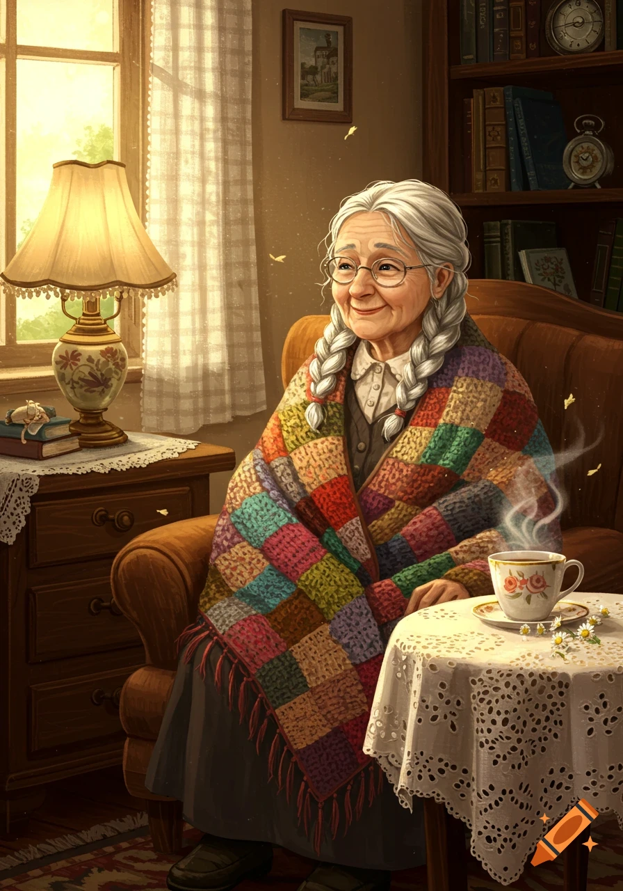 An old woman with braided gray hair and glasses, wrapped in a colorful patchwork blanket, smiling while drinking tea in a cozy room.