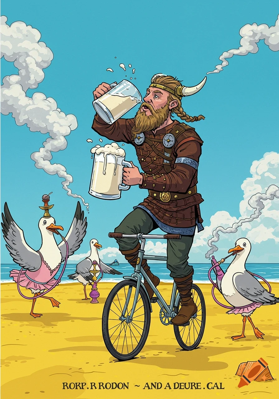 A humorous cartoon of a Viking man on a bicycle on a beach, drinking milk from a large mug. Seagulls in tutus smoke hookahs in the background.