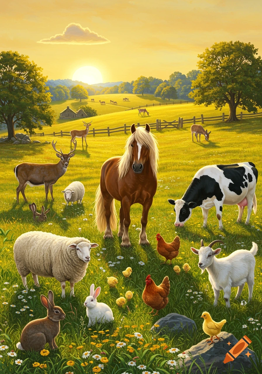 A variety of farm and wild animals in a bright, sunny green field with trees and rolling hills in the background at sunset.