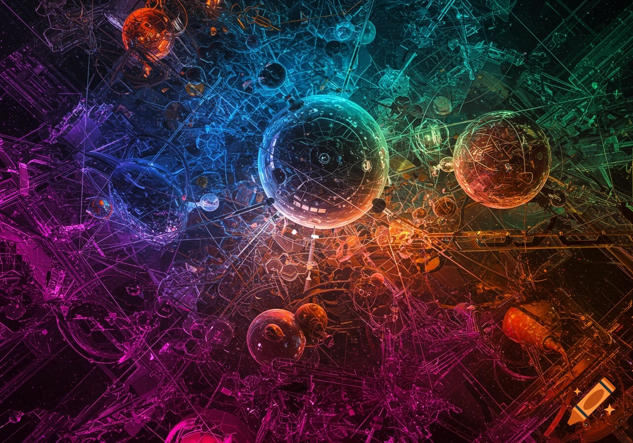 Vibrant abstract art featuring glowing spheres and intricate geometric structures in magenta, blue, and orange tones.