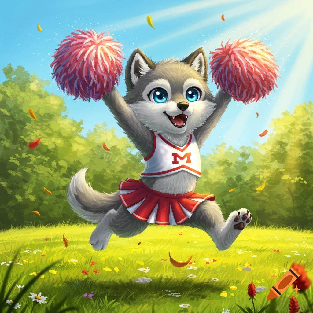 A cute cartoon wolf cheerleader jumps joyfully in a sunny, green field with leaves falling.