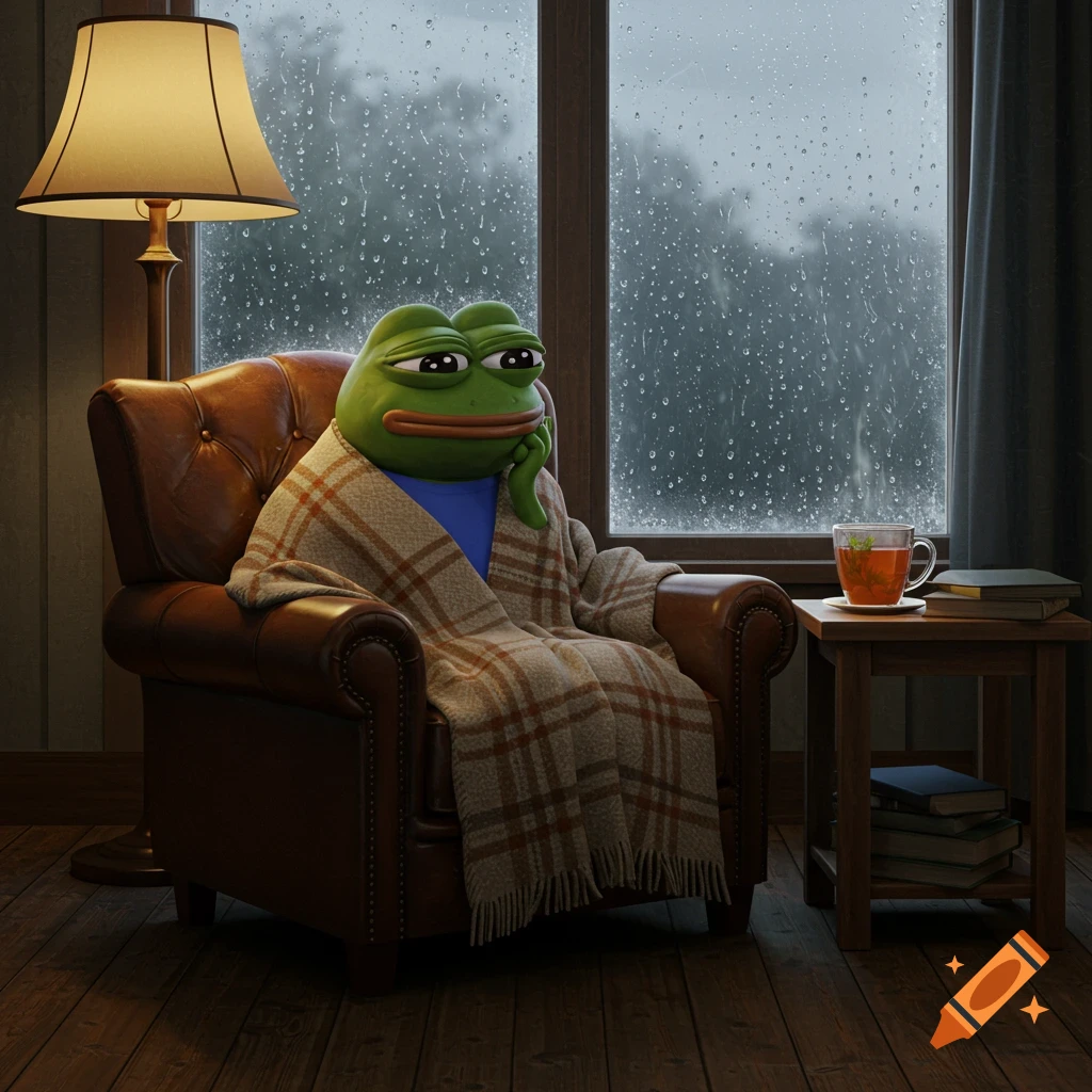 Pepe the frog, wrapped in a plaid blanket, sits in a leather armchair by a rainy window with a lamp and tea.