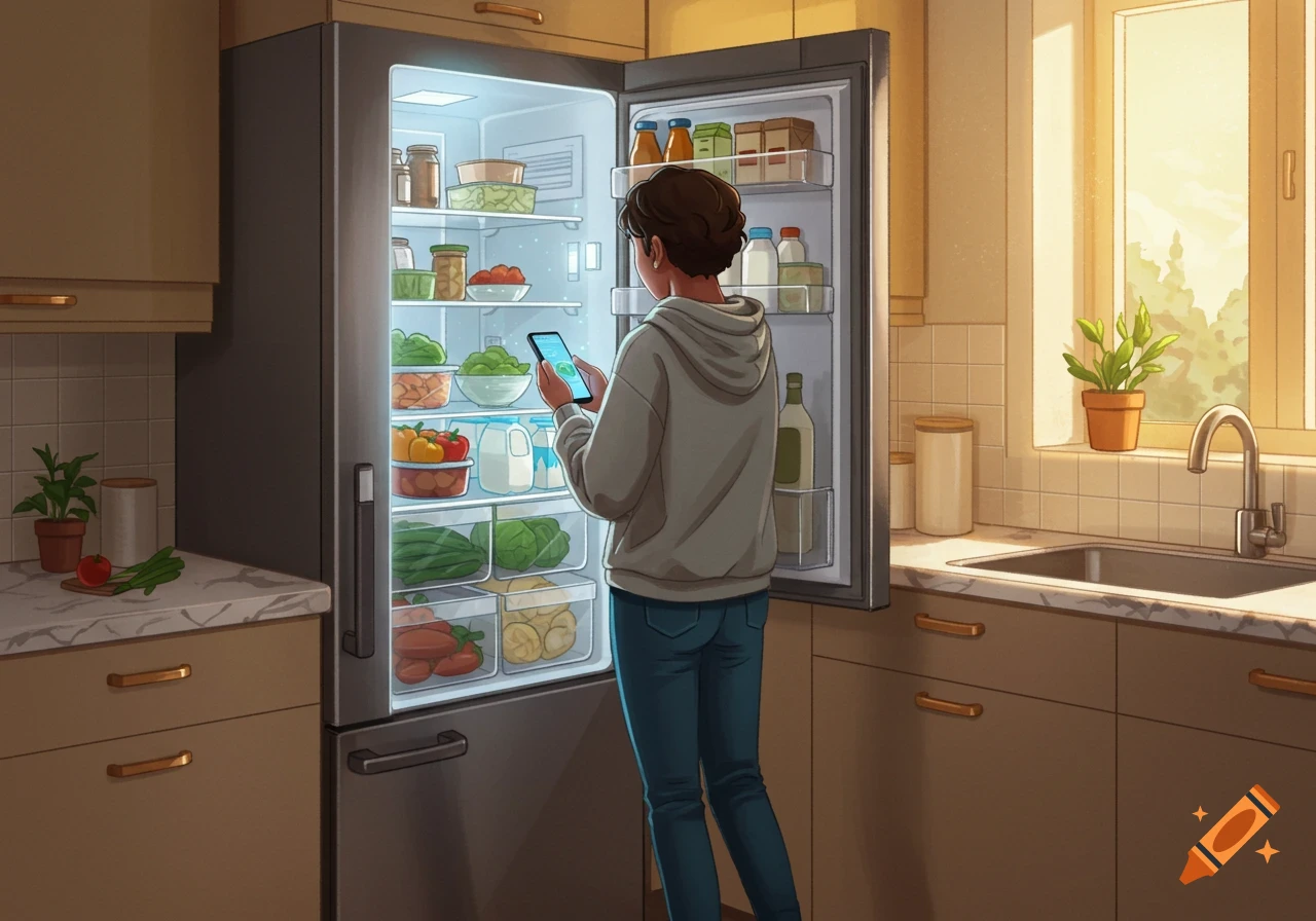 An illustrative depiction of a person looking into an open, well-stocked refrigerator while holding and interacting with a smartphone in a bright kitchen.