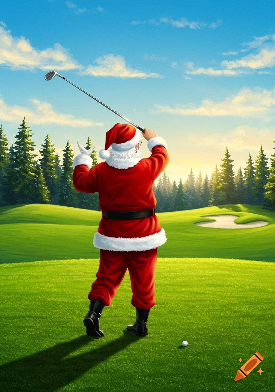 Illustrated Santa Claus from behind, swinging a golf club on a bright green golf course under a blue sky.