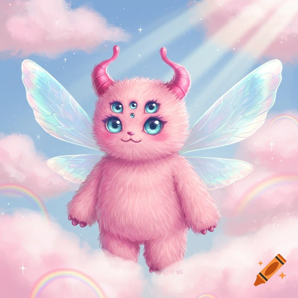 A cute, fluffy pink monster with four blue eyes, pink horns, and iridescent fairy wings floats among pastel clouds and rainbows.