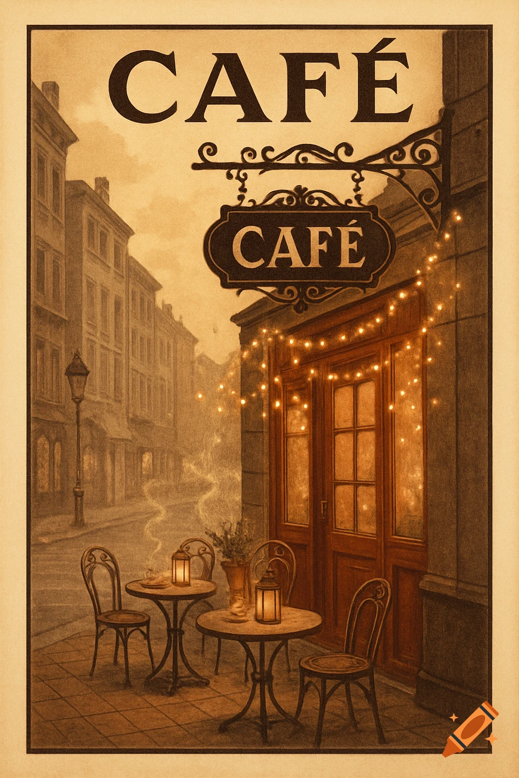 A vintage sepia-toned poster for a cafe, featuring its outdoor seating with twinkling lights and the word 'CAFÉ' prominently displayed.