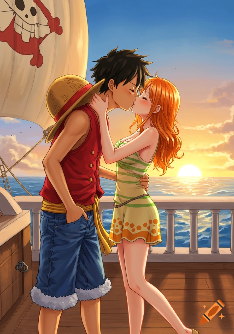 Anime characters Monkey D. Luffy and Nami kiss on the deck of a pirate ship at sunset over the ocean.