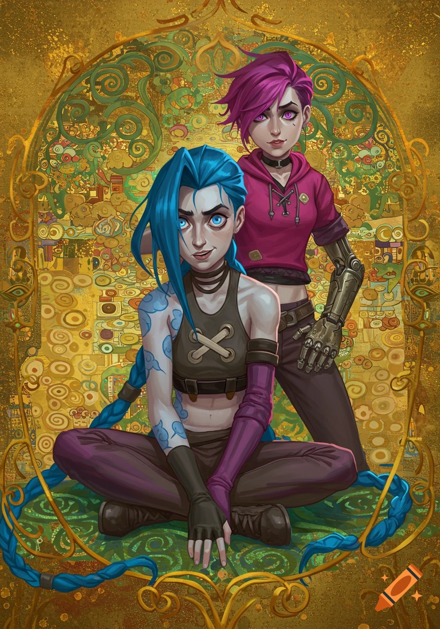 Jinx and Vi from Arcane in a Klimt-style golden, patterned portrait.