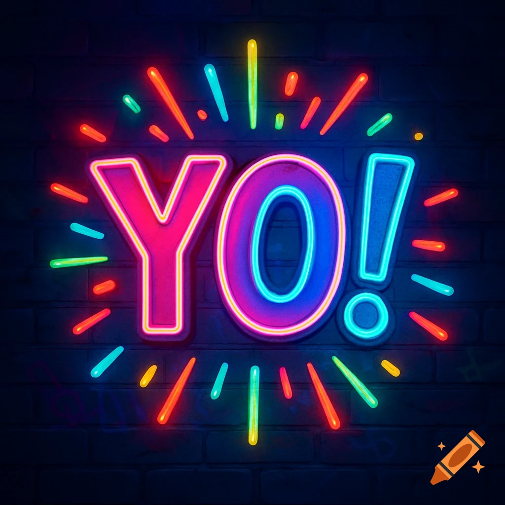 Vibrant neon sign spelling 'YO!' in pink and blue against a dark brick wall, surrounded by colorful light beams.