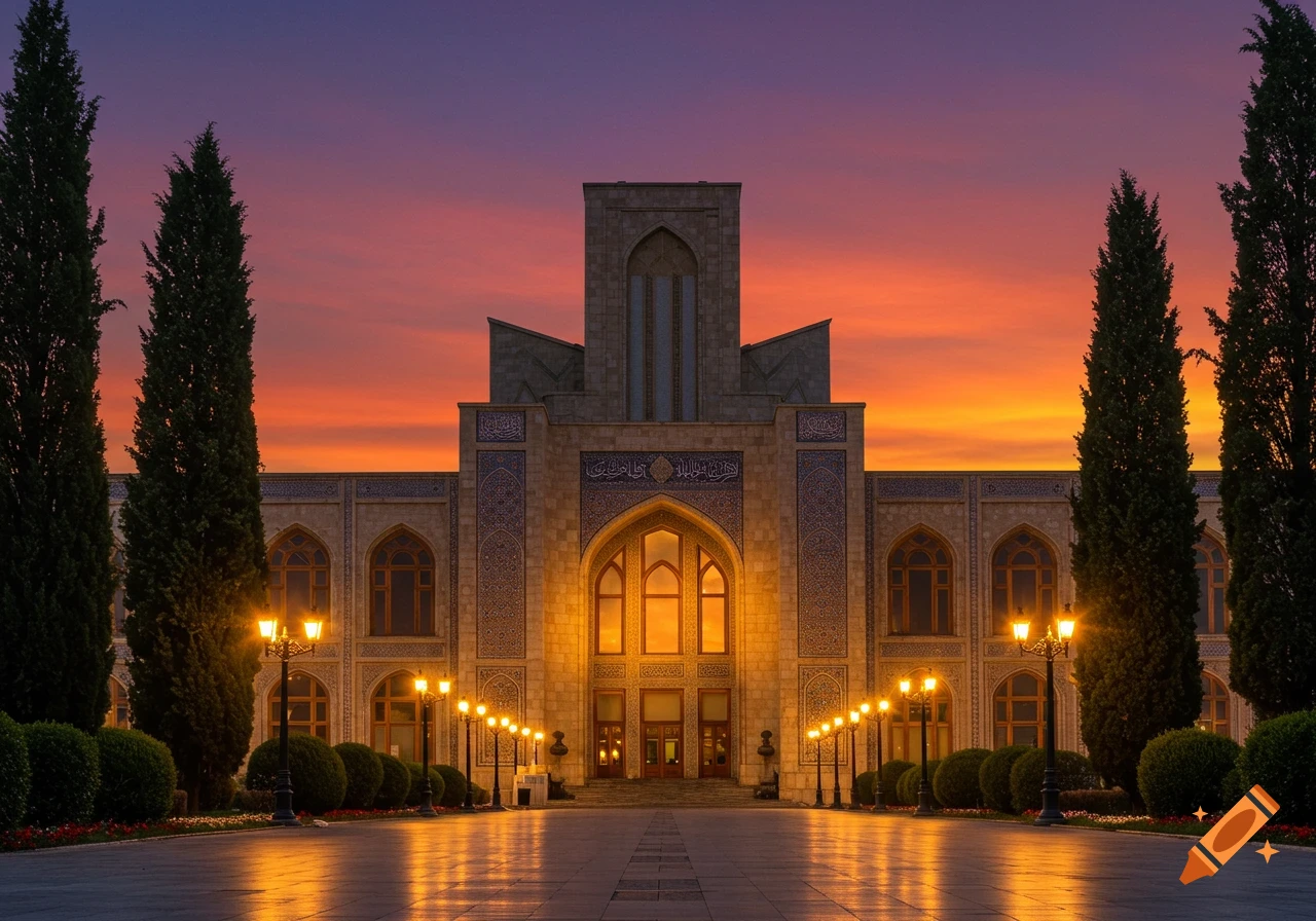A grand, ornate stone building with arched windows and glowing lights at sunset, flanked by tall cypress trees.