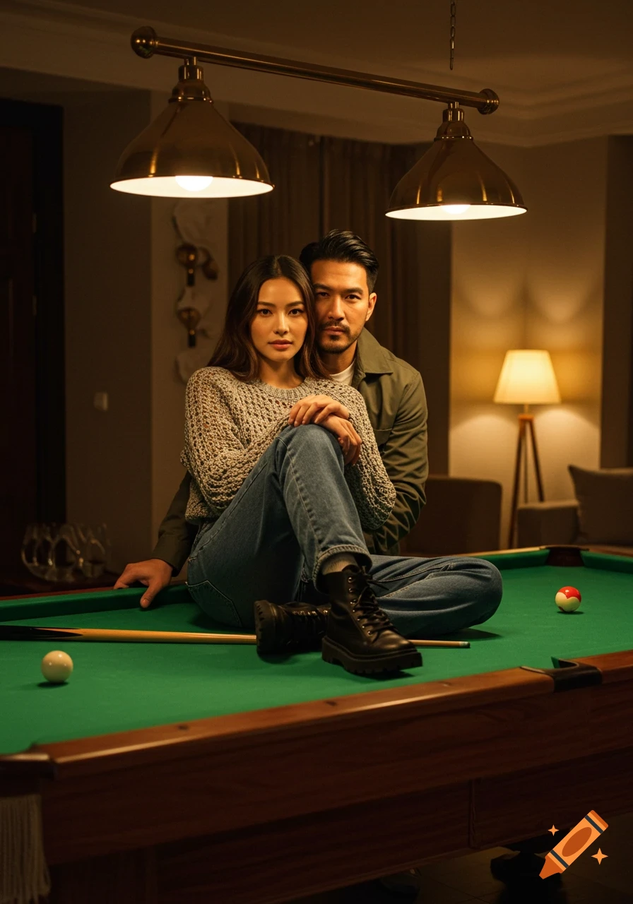 A couple poses in a warmly lit luxurious villa. The woman sits on a green billiard table, looking at the camera, while the man hugs her from behind.