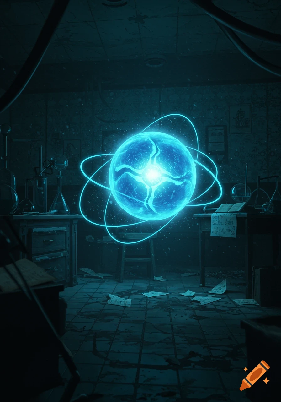 A glowing blue orb surrounded by energy rings floats in a dark, cluttered laboratory with scattered papers and glassware.