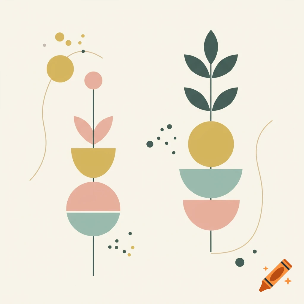 Two abstract minimalist compositions featuring geometric shapes and organic elements in pastel and muted colors on a light background.