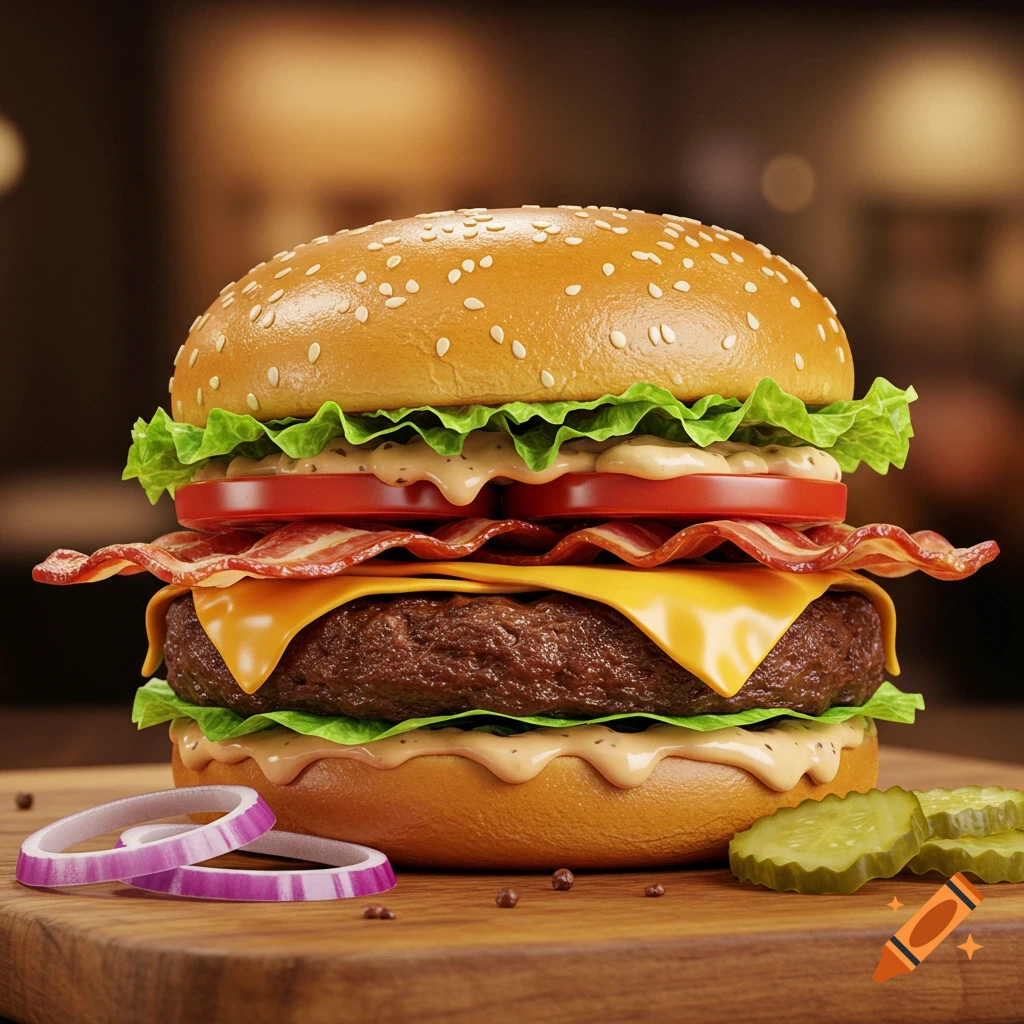 Photorealistic close-up of a loaded burger with lettuce, tomato, bacon, and cheese on a sesame seed bun, on a wooden board.