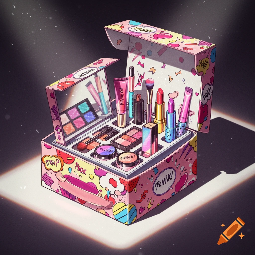 A colorful, pop art style makeup box filled with various cosmetics, including eyeshadows, lipsticks, and brushes, against a dark background.