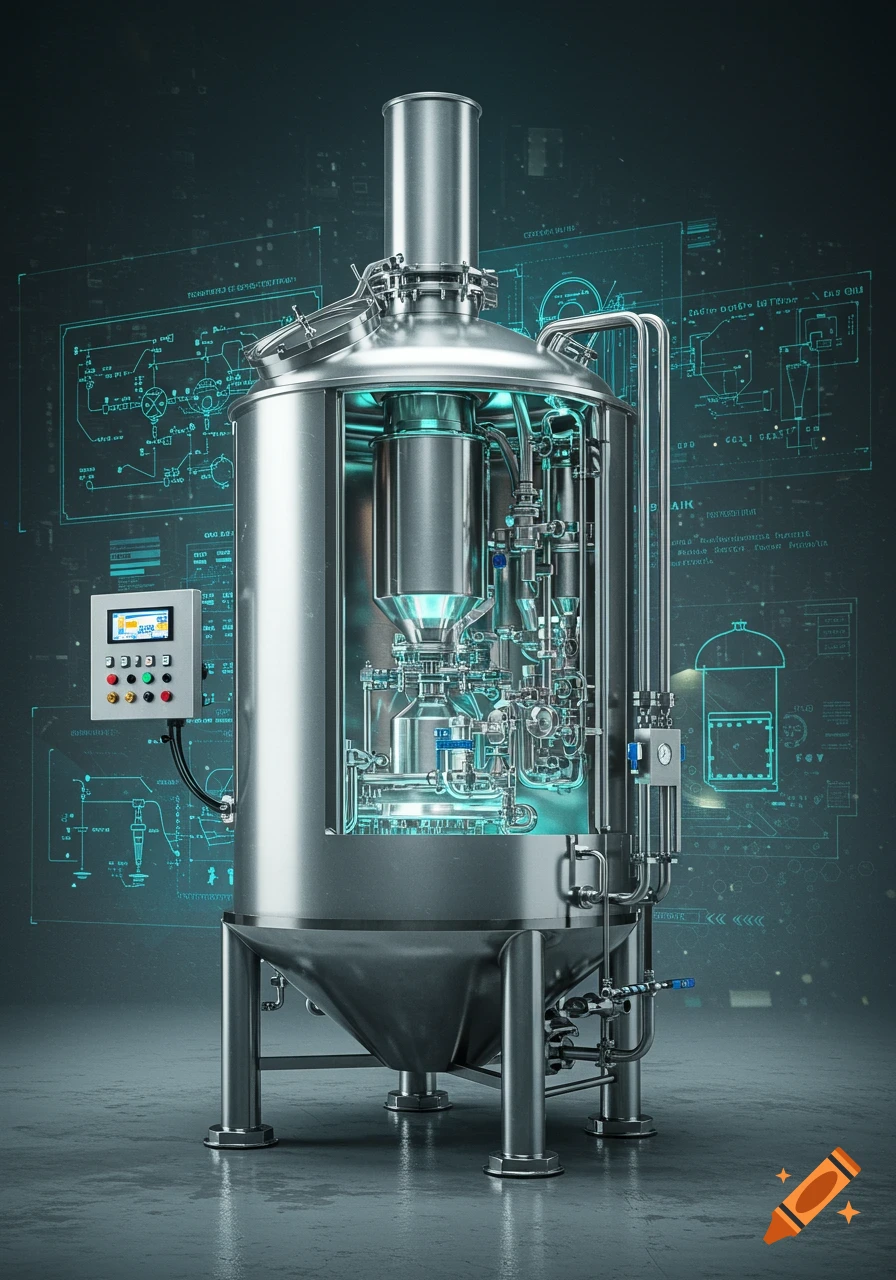 A detailed, shiny metallic industrial brewing vessel with glowing blue internal components and holographic engineering schematics in the background.