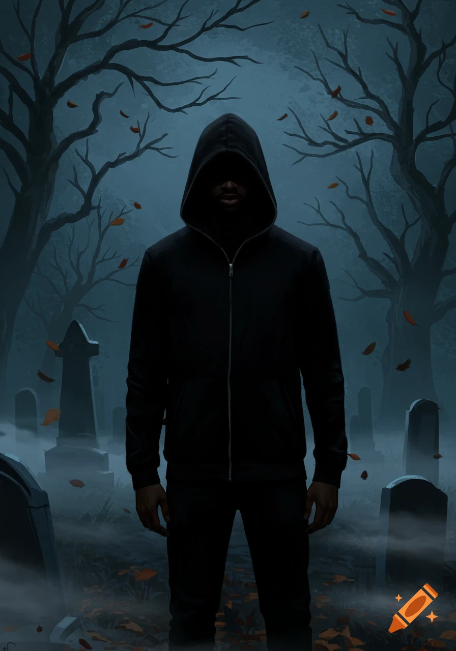 An African American man in a black hoodie stands in a misty cemetery at night, with bare trees and fallen leaves.