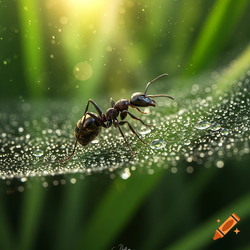 A close-up, photorealistic image of an ant walking across a dew-covered spiderweb with a bright green background and sunlight.