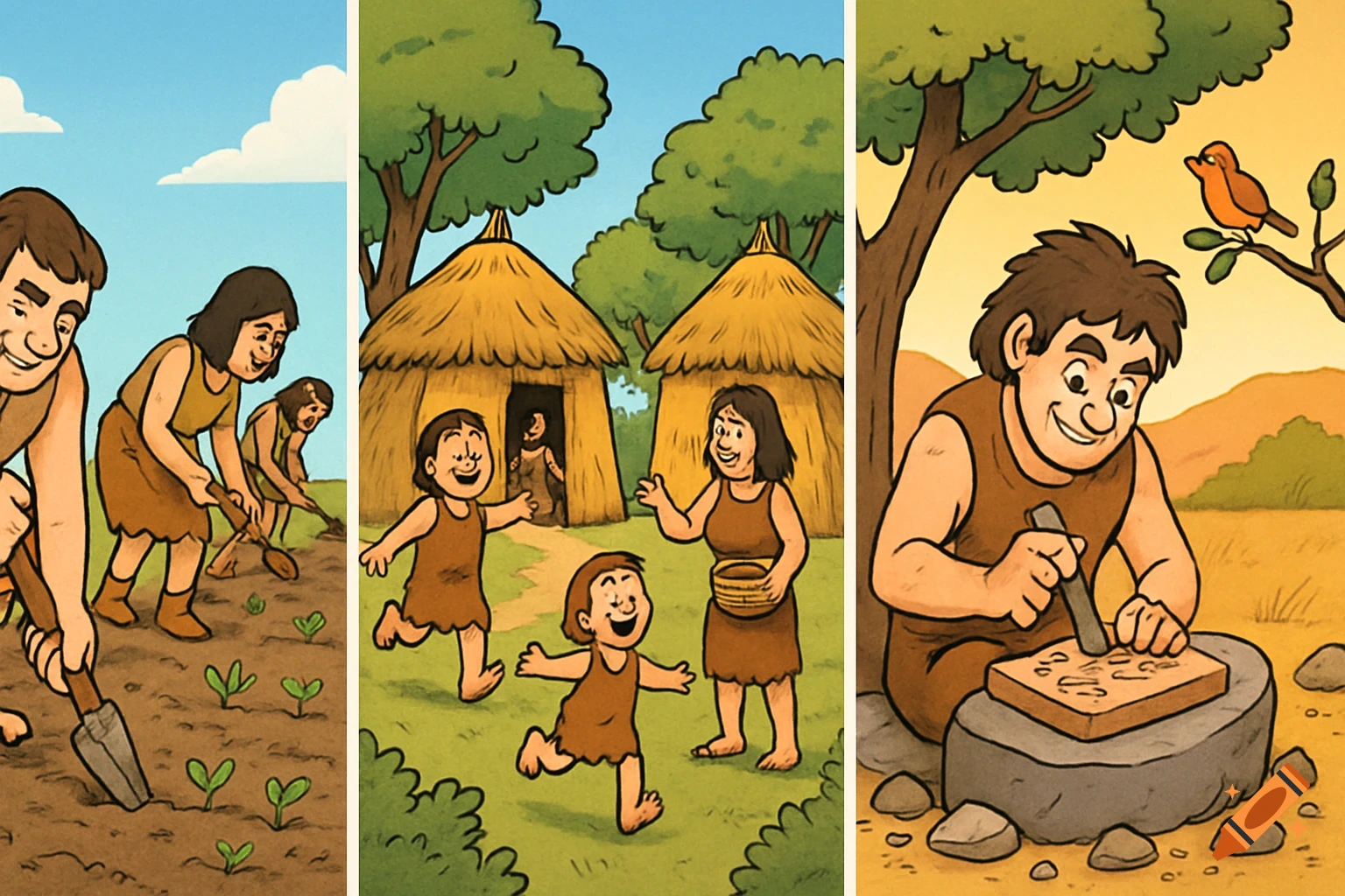 Cartoon triptych showing early humans farming, children playing near huts, and a man carving tools or symbols.