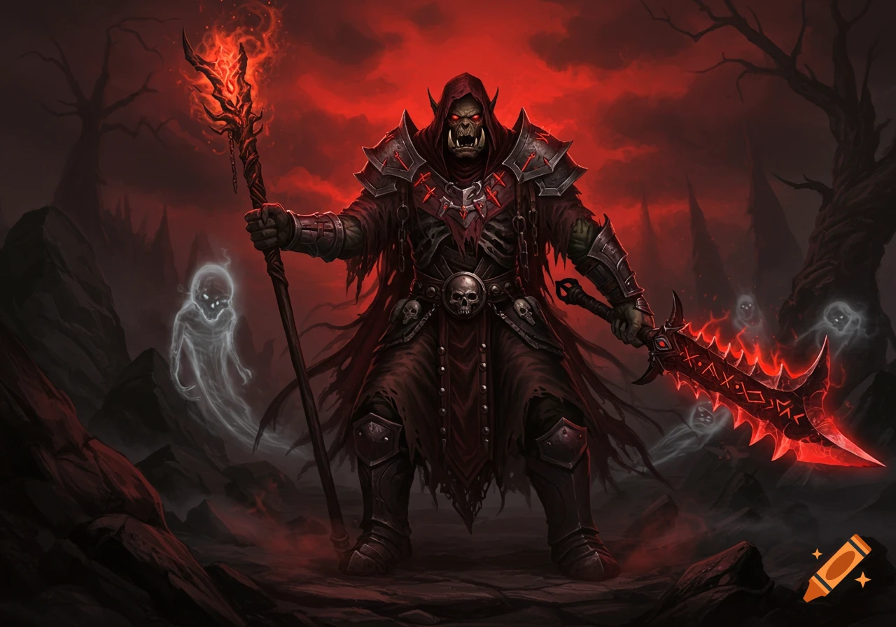 An undead orc shaman in dark armor holds a fiery staff and a glowing red demonic sword, with white ghosts in a red-tinged dark landscape.