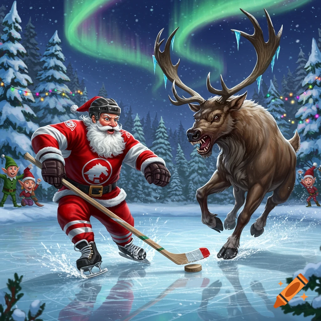Santa playing hockey against a snarling reindeer on an ice rink, with elves and an aurora borealis in the background.