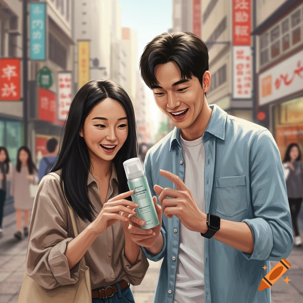 An Asian man and woman happily examine a skincare spray bottle on a busy urban street in an illustrated style.