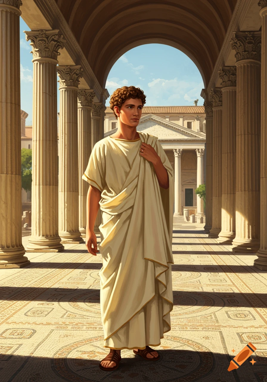 A young man in a white toga stands in a grand Roman colonnade with classical buildings and blue sky.
