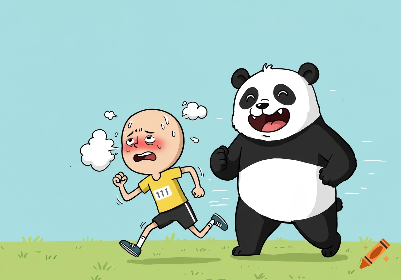 Cartoon of an exhausted bald runner with bib '111' sweating while a happy panda runs cheerfully beside him on a grassy field.