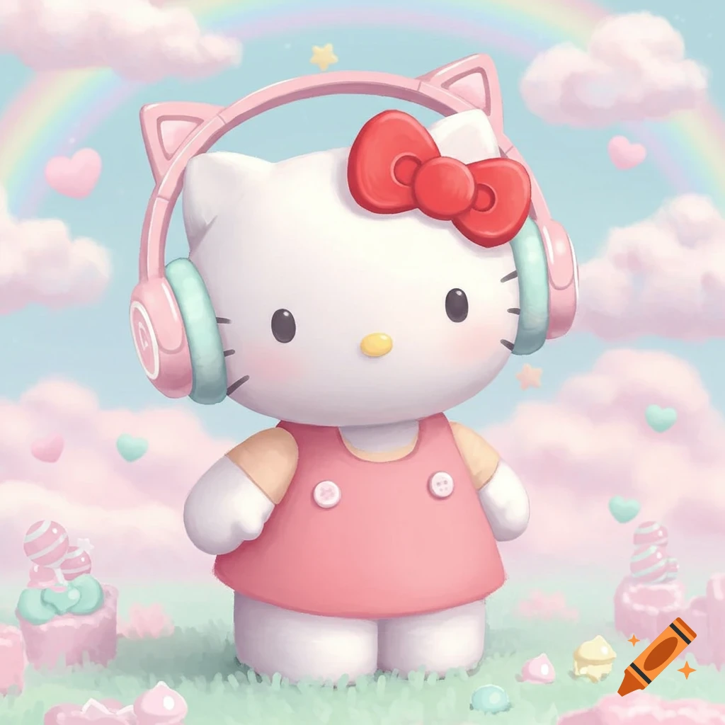Hello Kitty wearing pink headphones and a red bow in a pastel landscape with a rainbow, clouds, hearts, and candy.