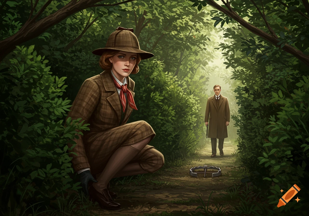 A vintage-dressed female investigator in a forest observes a man approaching a bear trap on a path, in a realistic illustration.