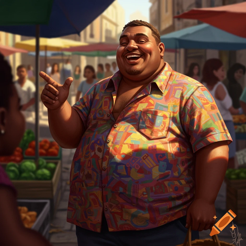 A cheerful, corpulent man in a colorful shirt points and smiles at an outdoor market, holding a basket.